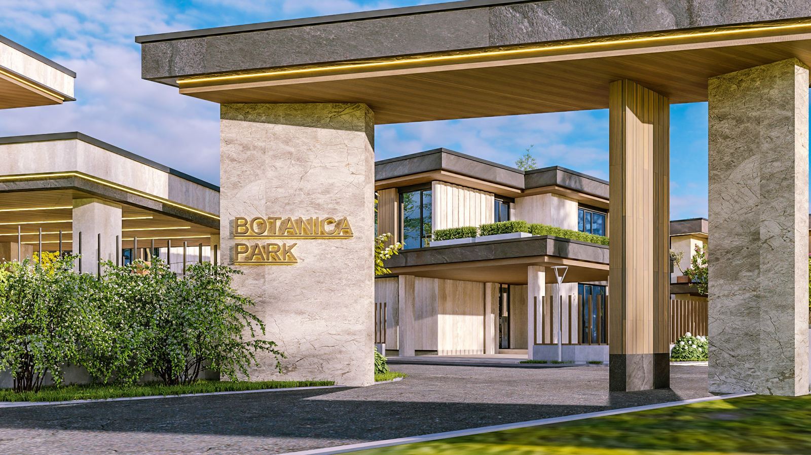 Въездная группа Botanica Park: арка из травертина с латунными буквами, за ней улица с домами