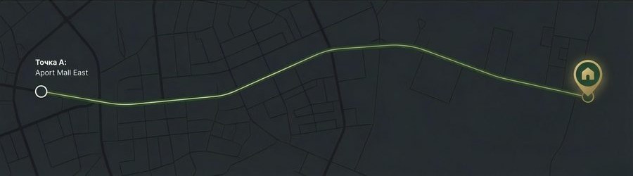 Схема маршрута из презентации: точка A — Aport Mall East, точка B — PineWood Village
